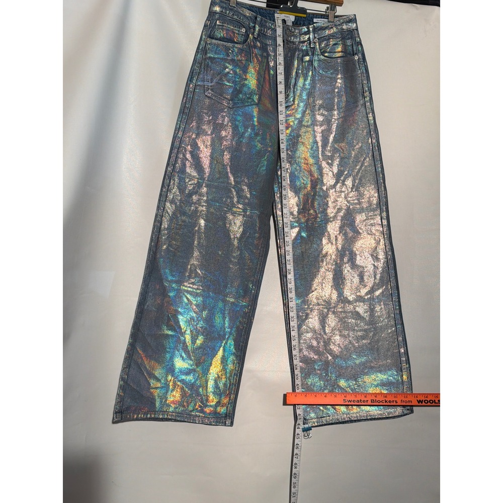 Women's Holographic Wide Leg Jeans 29 High Rise Iridescent Blue Gold Metallic - Picture 1 of 6